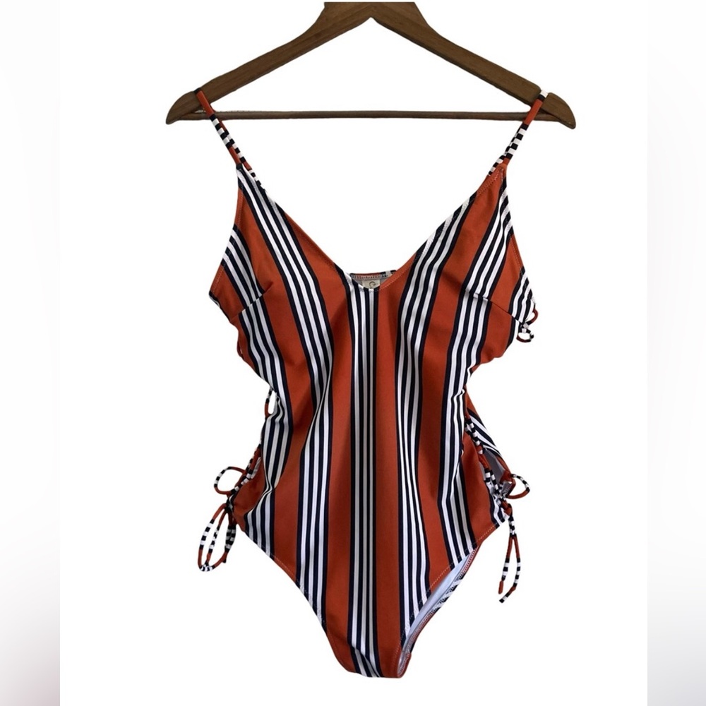 Cupshe One Piece Bathing Suit Burnt Orange, Black Stripe Woven Tie Sides